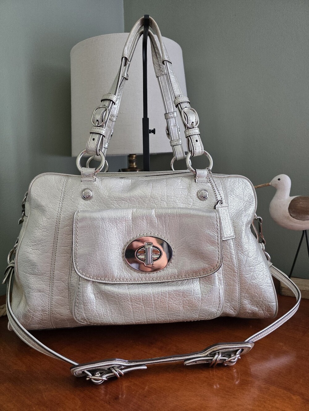 Coach 15744 Mia Harper Satchel Metallic Silver Leather Shoulder Bag Y2K
